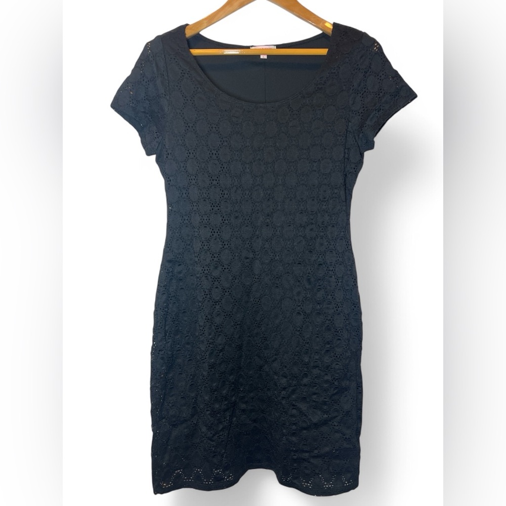 Isaac Mizrahi Black Eyelet All Over Lace Stretch Mini Dress Lined‎ L